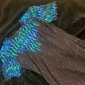 Black and Teal blue beaded and sequin dress